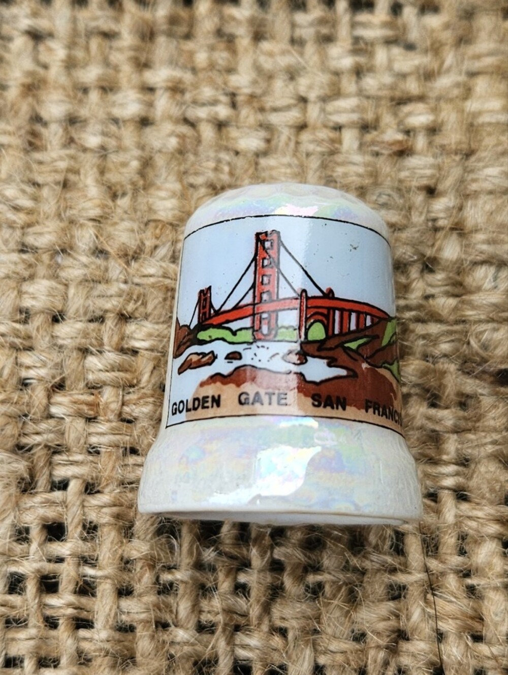 Souvenir Ceramic Thimble with Golden Gate Bridge Design Vintage Collectible